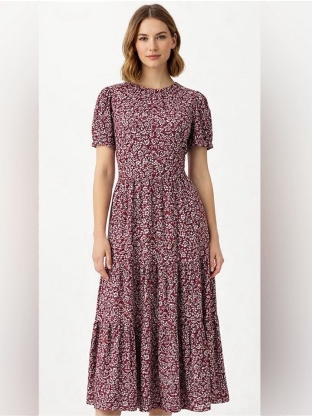 J. Crew Burgundy Red Floral Tiered Midi Dress Puff Sleeves Pockets M Medium